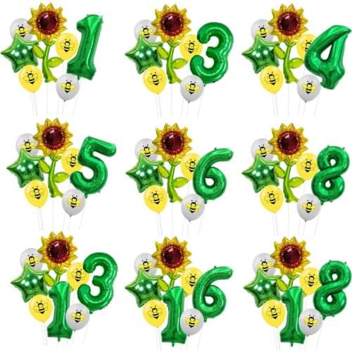 Sunflower Balloons Set Foil Sun Flower Balloons Number Balloons with Bee Latex Balloon Children‘s Birthday Party Decorations