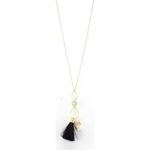 Zircon Crystal Water Drop Frame Hanging Pearl and Black Tassel Necklace for Women and Girl