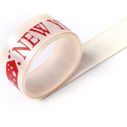 20mm Width Christmas White Polyester Ribbon Bronzing Red Happy New Year Letter Gift Box DIY Packaging Strip Party Decoration