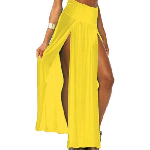 Sexy Women Solid Color High Waist Double Side Slit Cocktail Full-length Skirt
