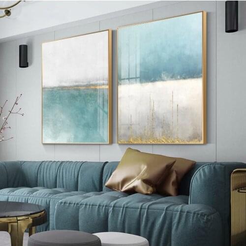 Modern Blue Abstract Gold Foil Flowing Canvas Paintings for Living Room Bedroom Posters and Prints Wall Art Pictures Home Decor