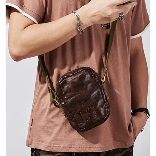 Retro messenger bag, mens vegetable tanned cowhide shoulder bag, leather mini trendy mens bag