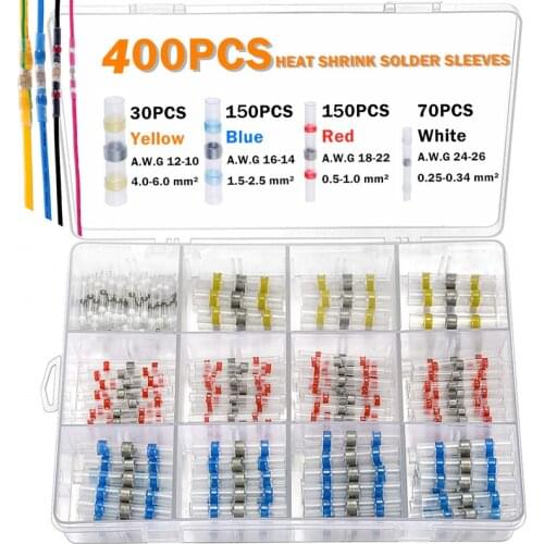 400Pcs Heat Shrink Electrical Wire Connectors Solder Sleeves Waterproof Fast Butt Terminals Heat Shrink Tube Assortment kit