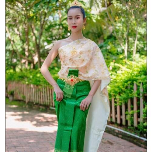 Thailand Traditional Clothing for Women Green One Shoulder Tops Pha Sin Shawl Restaurant Welcome Annual Meeting Costume Thai