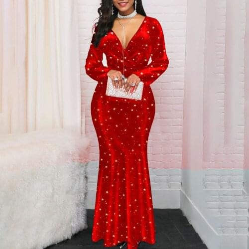 Elegant Sexy V Neck Banquet Long Party Dress Women Slim Star Print Mermaid Maxi Dresses Evening Wedding Vestidos Plus Size 5XL