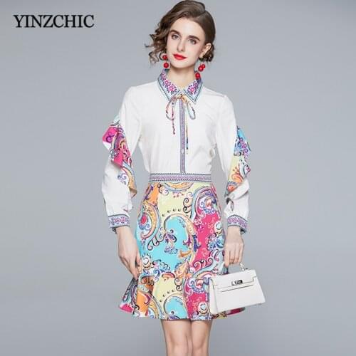 Spring Woman Blouse Skirt Suit Ruffles White Shirt + Mermaid Skirt Sets for Office Lady Vintage Print Two-pieces Suit Set Summer