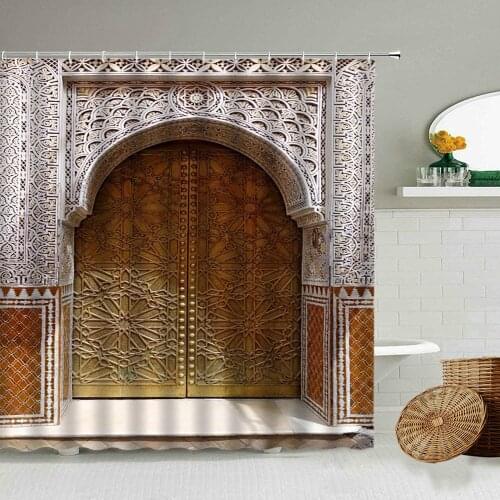 Morocco Architecture Castle Door Shower Curtain Retro Ethnic Pattern Bathroom Wall Decoration With Hook Waterproof Screen Set