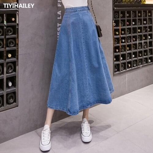 TIYIHAILEY Free Shipping Fashion Denim Cotton Plus Size S-2XL Long Mid-calf Casual Women Skirt Spring And Autumn A-line Skirts