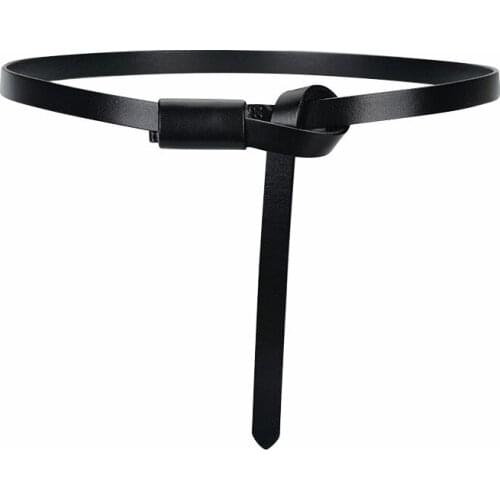 New causal Solid Color Black genuine Leather Knot belts Bandage Loose no buckle Belt Women Fashion cowskin Strap thin waistbands