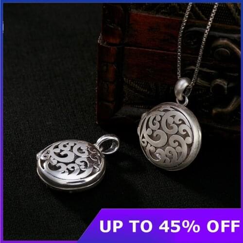 100% 925 Sterling Silver Diffuser Necklace Pendant Hollow Auspicious Cloud Photo Box Pendant Retro Round Shape Floating Locket