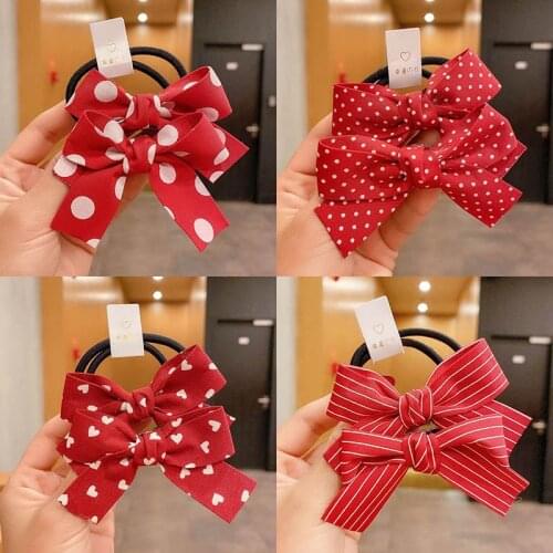 2021 New Girls Red Butterfly Knot Hair Bands Love Wave Spot Hair Circle Girl Double Horsetail Head Rope Fashion Hair Accessories