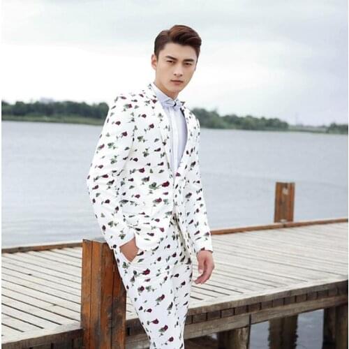 Blazer men groom suit set with pants mens wedding suits singer star style dance stage Floral clothing formal dress white