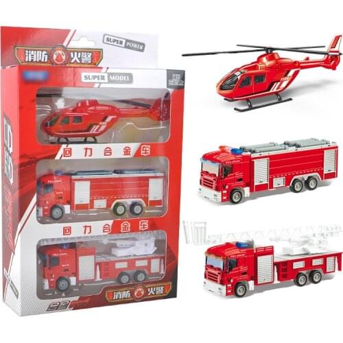 Childrens toy pull back alloy car three-pack fire-fighting ladder Fire water Tank truck helicopter model boy gift
