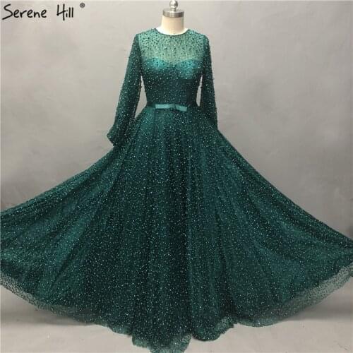 Dubai Long Sleeve Green Pearls Evening Dresses Design 2020 Tulle Luxury Beach Evening Gown Real Photo LA6348