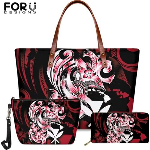 FORUDESIGNS Large Handbag Luxury Female 3set/pcs Shoulder Bag Red Polynesian Tortoise Flower Pattern Ladies Long PU Wallet 2020