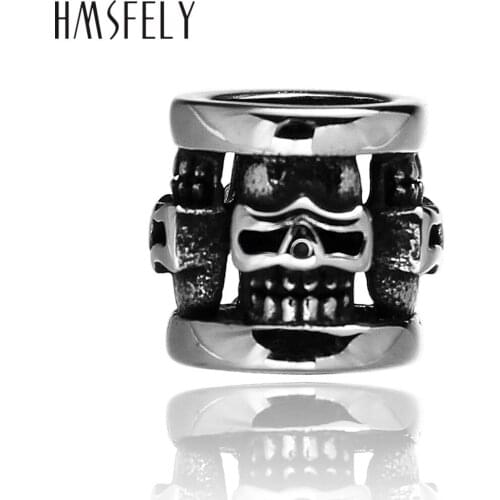 HMSFELY 316l Stainless Steel Cylinder-Shaped Skull Pattern Beads DIY Leather Bracelet Jewelry Making Accessory 6/8mm Hole Beads