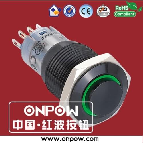 ONPOW 16mm high head black momentary ring illuminated push button switch anti-vandal RoHS LAS2GQH-11E/G/12V/A