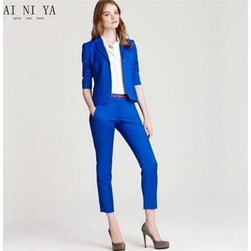 Royal Blue Slim Fit Office Uniform Designs Womens Casual Business Suits Formal Work Wear Uniform Styles Elegant Pant Suits