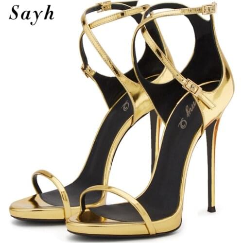 Fashion Women Gold High Heel Pumps Summer Ankle Strap Stiletto Peep Toe Stiletto Sandals Buckle Party Rome Gladiator Dress Shoes