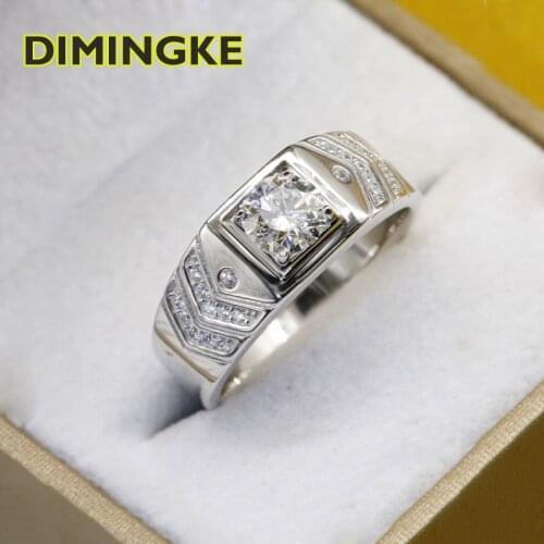 DIMINGKE Real 1CT 6.5MM Moissanite Gem Geometry Man Ring GRA Certificate S925 Sterling Silver Jewelry