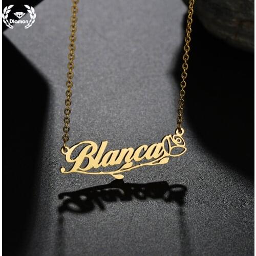 Diamon Romantic Stainless Steel Necklace For Women Rose Bottom Pendant Custom Name Letters Choker Gold Chains Jewelry Gift