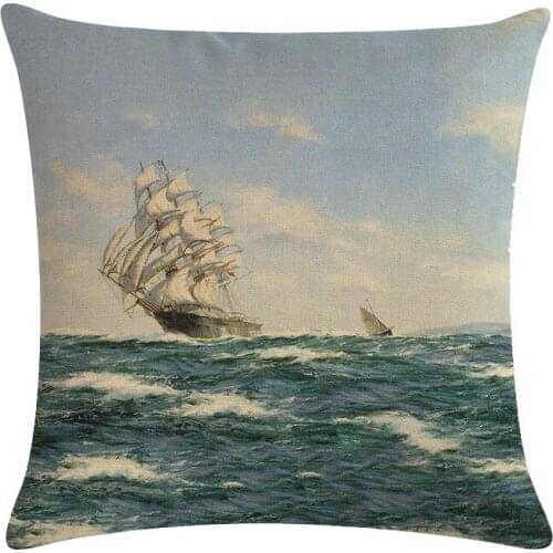 Sailboat on The Sea Cushion Cover Vintage Oil Painting Style Linen Decorative Pillow Case Sofa Bedroom Home Retro Decor 45*45cm