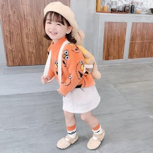 Girl Mink Down Casual Sweater Childrens Knitted Woolen Round Neck Autumn/Winter Kids Cute Long Sleeve Keep Warm Thicken Cartoon