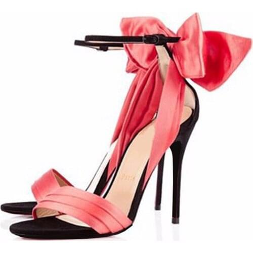 Back Pink Bowtie Satin Sandals One Strap Stiletto Party Pumps Open Toe Butterfly Knot Shoes Mujer High Heels Drop Shipping