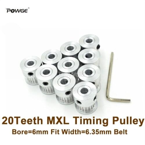 POWGE 10pcs 20 Teeth MXL Timing Pulley Bore 6mm Fit Width 6.35mm MXL Belt 20T 20Teeth MXL Pulley 3D Printer DIY Ultimaker