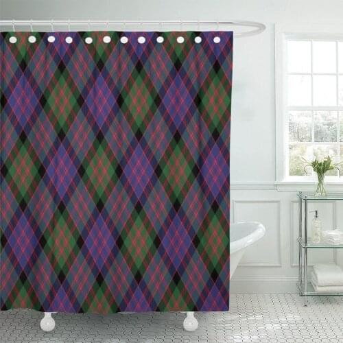 Green Abstract Macdonald Tartan Kilt Diagonal Check Purple Pattern Bathroom Curtain Waterproof Polyester Fabric 60 x 72 inches
