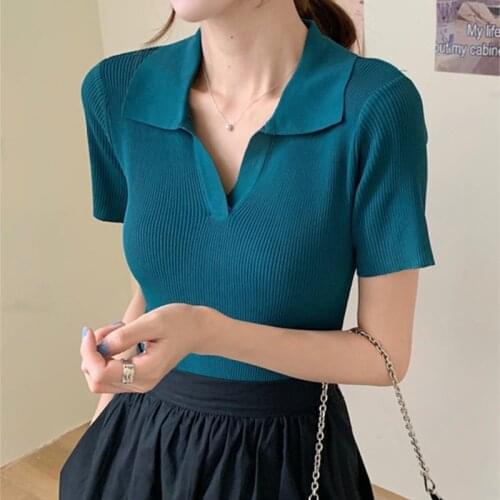 V-neck Polo Women Shirt Slim Slimming Knit Short-sleeved T-Shirt 2021 Summer New Female Clothes