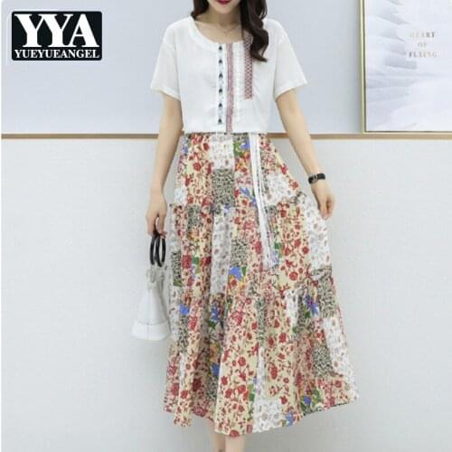 Women Summer T-shirt Ankle-Length Skirt Two-Piece Sets Female Round Neck Loose Top Elastic Waist A-Line Floral Skirts Suits