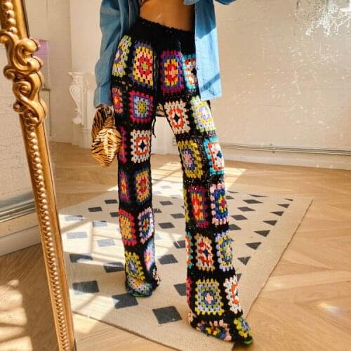 Handmade Crochet Pants Sexy Hollow Out Mesh Knitted Tunic Swimsuit Coverup Womens Beach Sarong Robe De Plage A463