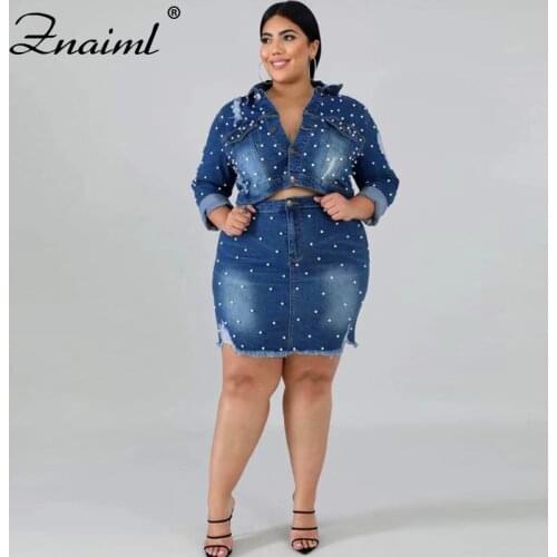 Znaiml Casual Denim Two Pieces Set Womens Single-Breasted Jacket + Mini Skirt Suit Beading Jeans Matching Set Plus Size XL-5XL