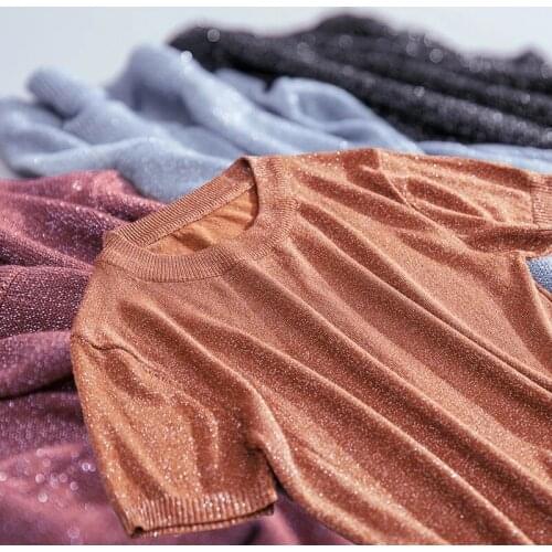 2021 Shiny Lurex Thin T-Shirt Female Knitted T Shirt Women Clothes Short Sleeve Summer Tops Elasticity Tee Shirt Femme Camisas