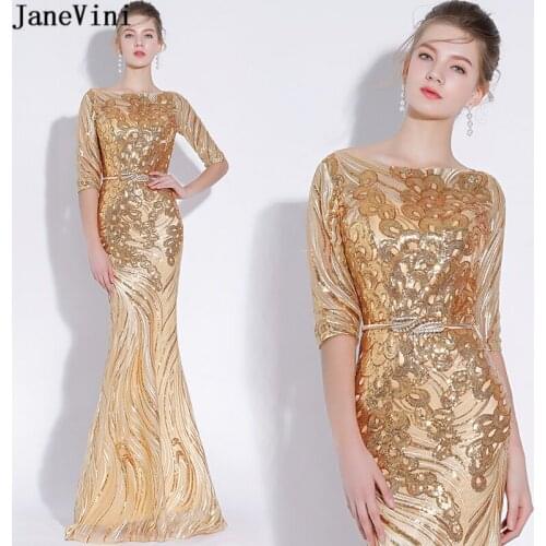 JaneVini Sparkly Mermaid Sequins Gold Long Bridesmaid Dresses with Sashes Scoop Neck Half Sleeve Illusion Sexy Formal Prom Gowns