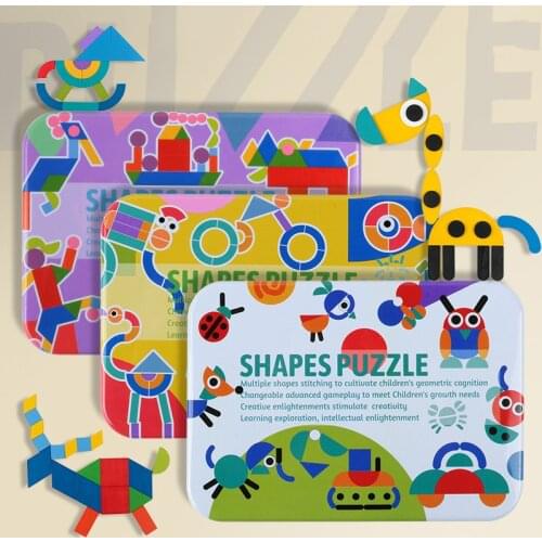Dropshipping Shape Puzzles Wooden Toys For Kids Matching Card Iron Box Geometry Puzzles Preschool Teaching Aids Educational Gift