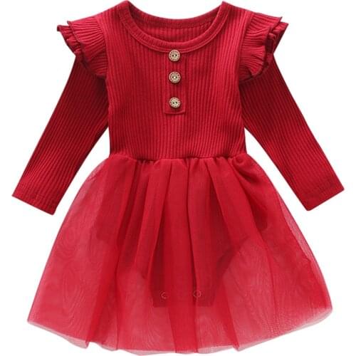 Infant Baby Girl Bodysuit Dress Sweet Ruffles Long Sleeves Mesh Tulle Jumpsuit Dress Baby Girl Buttons Ribbed Dress 0-24M