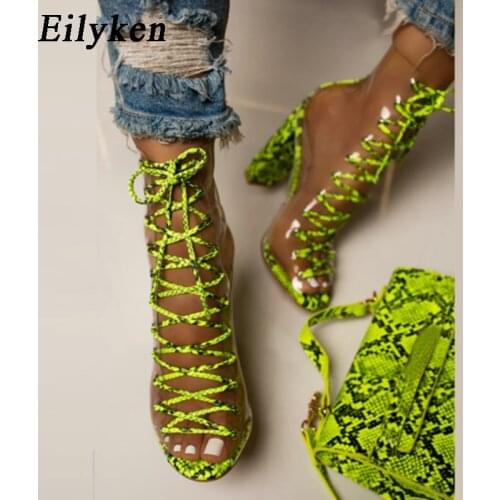 Eilyken Fashion Fluorescent green Serpentine transparent High Heels Ankle Women Boots Cross Tied Peep Toe Boots Ladies Shoes