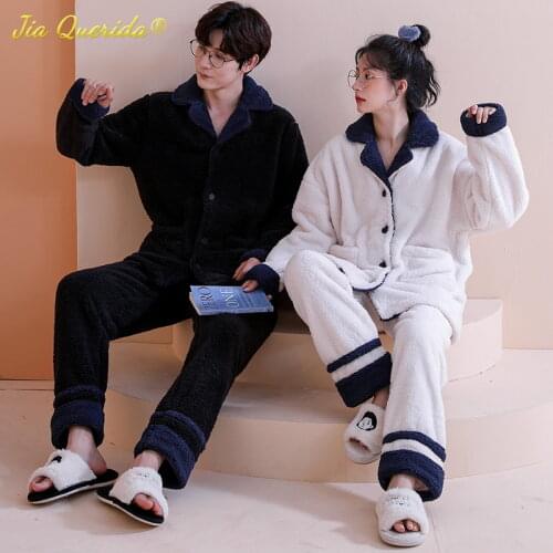 Cardigan Thick Pajamas Set for Couple Korean Preppy Teddy Style Winter Warm Pajama for Women Turn-down Collar Pijamas for Men