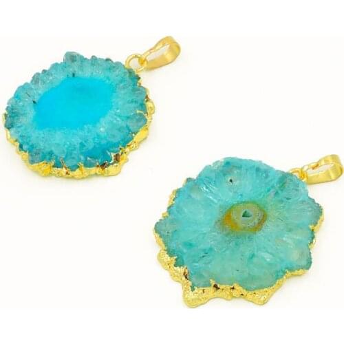 Blue Crystal Flower Cluster Slice Pendant Of Gold Cladding 35-42 mm Long