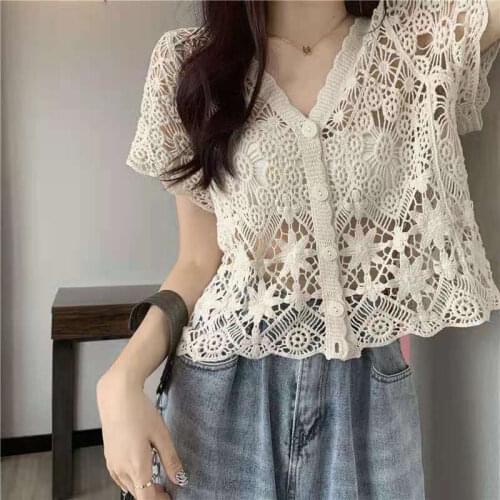 Summer 2021 new sweater women Korean version of thin V-neck hollow out all-match cardigan short-sleeved casual top