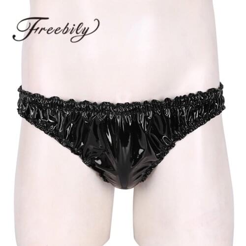 Mens Sissy Briefs Shiny Wet Look Leather Lingerie Sexy Latex Micro Panties Male Gay Underpants Hot Clubwear G-String Underwear