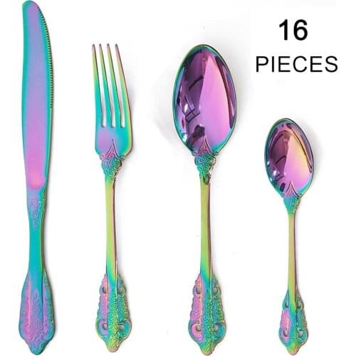 Stainless Steel Dinnerware Set 16Pcs/Set Rianbow Cutlery Set Western Food Tableware Flatware Set Mirror Knife Fork Spoon