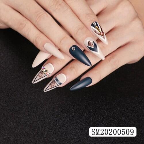 24pcs Matte Fake Nails Khaki Blooming Nails Dark Blue European and American Style Pointed Wear Nails Matte Frosted Nail Art Tips