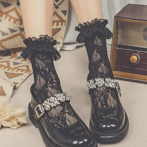 Sexy Lace Lolita Socks Women Summer Ruffle Mesh Socks Frilly Sheer Fishnet Lettuce Floral Transparent Ladies Dress Ankle Sock