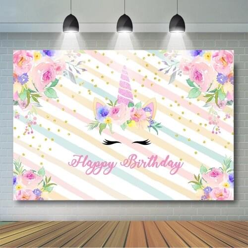 Unicorn Backdrop for Girls Birthday Multicolor Stripes Floral Photo Backdrop Unicorn Birthday Party Supplies Cake Table Banner