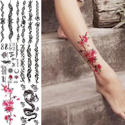 Realistic Watercolor Plum Blossom Temporary Tattoos For Women Men Scorpion Lizard Dragon Fake Tatto Stickers Foot Bracelet Tatoo