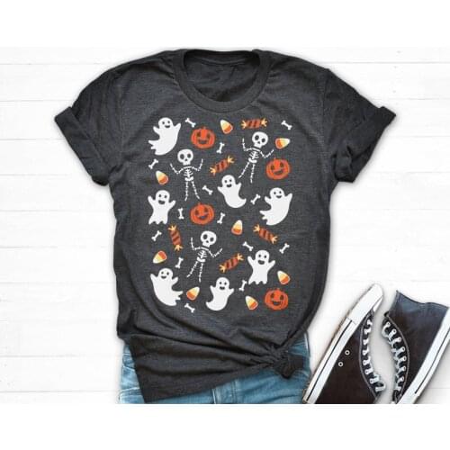 Halloween Pattern Kawaii Doodle Candy Corn Shirt Fashion 100% Cotton O Neck Female Clothing Plus Size Casual Shirts harajuku y2k