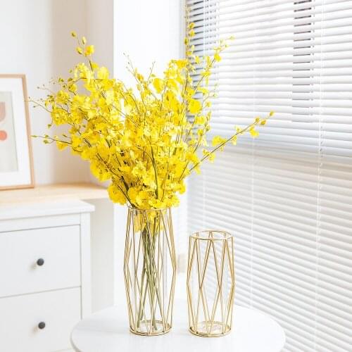Nordic ins Fengshui culture light luxury dining table transparent iron metal glass Gold Vase living room flower arrangement